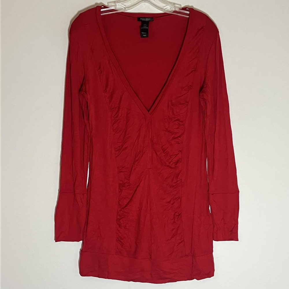 Bisou Bisou Shirt Womens Small Red Long Sleeve Deep V-Neck Ruched Tunic Stretch